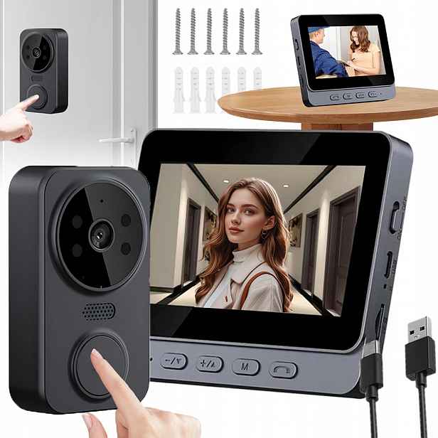 Bezdrátový Dveřní Zvonek S Videokamerou, Vodotěsný Monitor Hd