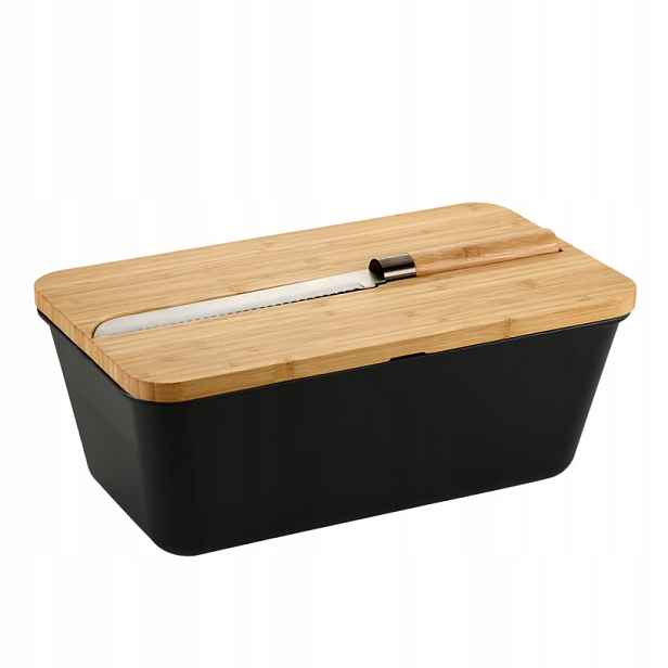 Chlebník s nožem a prkénkem plast, bambus, černý 35 x 20 x 16cm