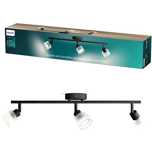 Stropní Svítidlo 3x GU10 Led Ryflovaná skleněná černá nástěnná lampa Horen Philips