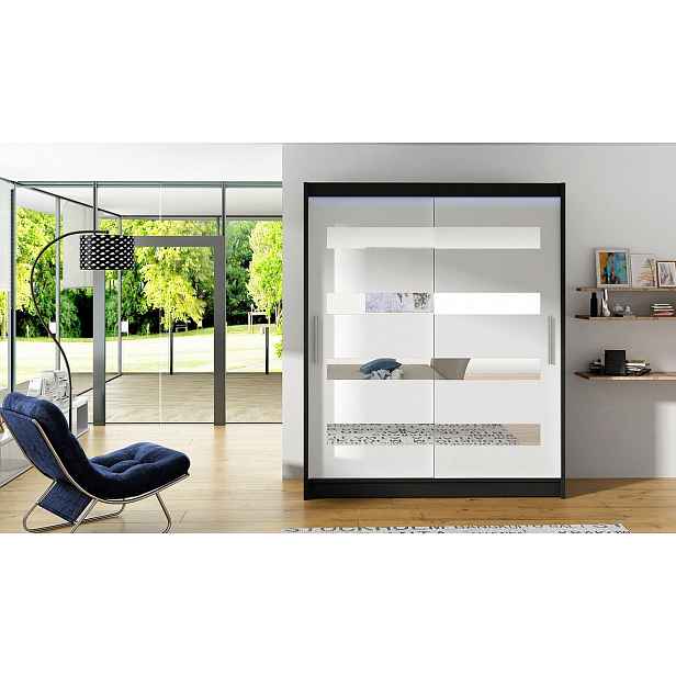 Šatní skříň 150 cm se zrcadlem a LED osvětlením ELADIO 13 - černá / bílá