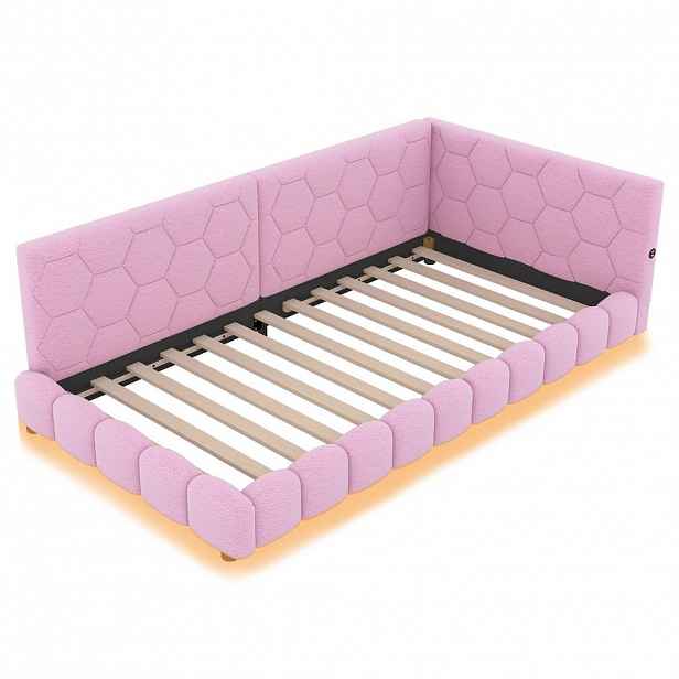 Modfu DENNÍ postel z velvetu a MDF 90x200 cm růžová s LED osvětlením, USB a USB-C portem