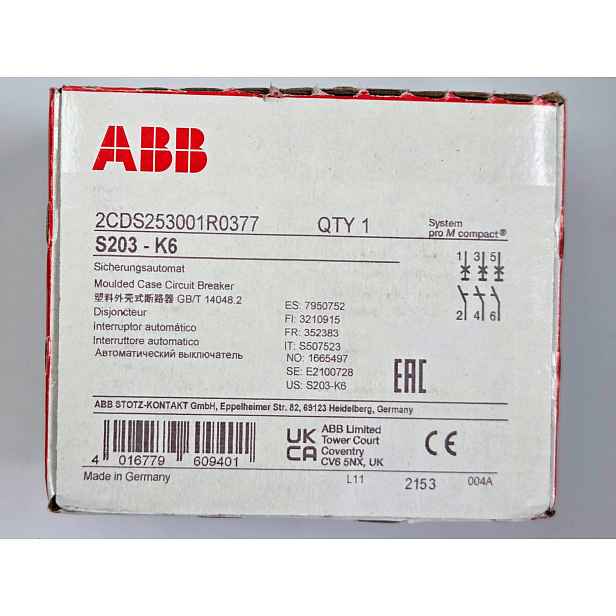 Nadproudový spínač Abb S203-K6 3P K 6A 2CDS253001R0377