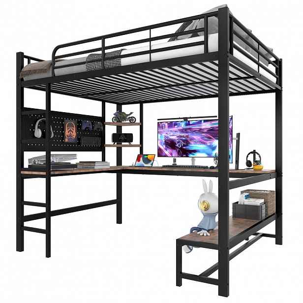 FLIEKS VYVÝŠENÁ POSTEL 140x200cm Kov Stůl LED USB-C Černá