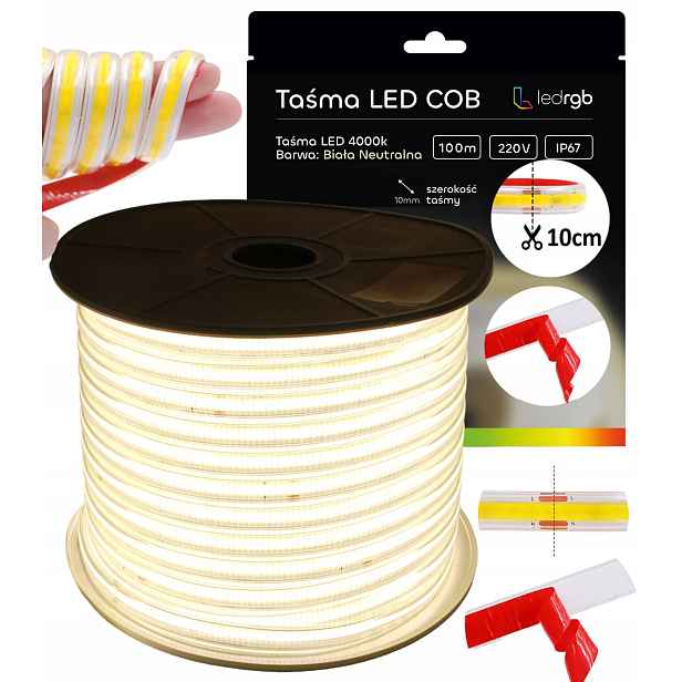Led Páska Cob 100 m 230 V Bílá Neutrální 4000K Řezaná Každých 10 CM Bez Napájecího Zdroje