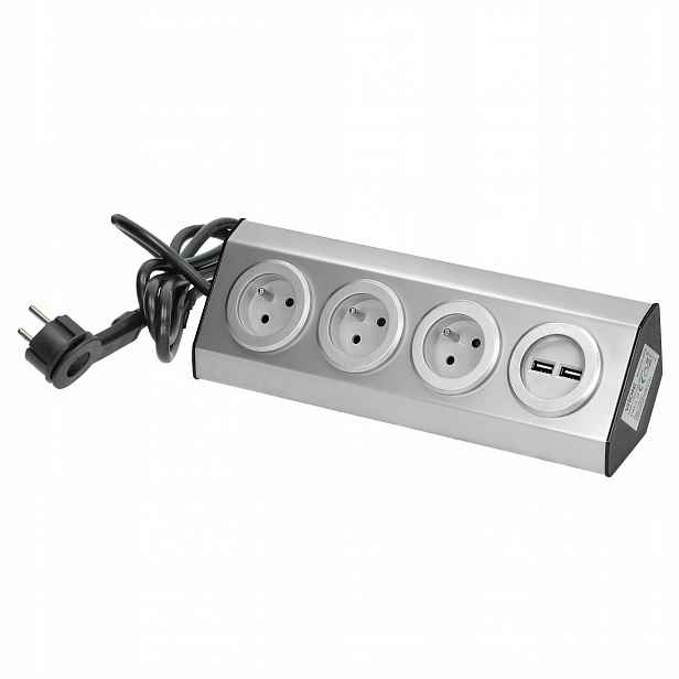 Povrchová rohová zásuvka Orno Virone FS-4 3x 230V, 2xUSB, 1,5m kabel, nerez