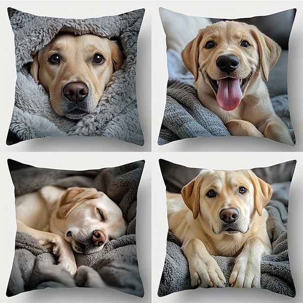 TEMU 4ks sada, potištěné povlaky na polštáře, motiv Labrador, Labrador na těchto polštářích vypadá roztomile a uvolněně, vhodné pro milovníky psů
