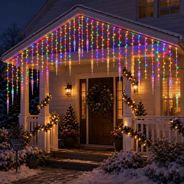TEMU Solární světla, 96/162 LED venkovní ledovcová světla, 3,5M/7M závěsné světelné řetězy s 16/27 kapkami, 0,5/0,6/0,7M LED kapkové drátky, čirá