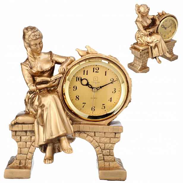 Stojanové keramické krbové hodiny Livello retro, zlatá žena, 27 cm