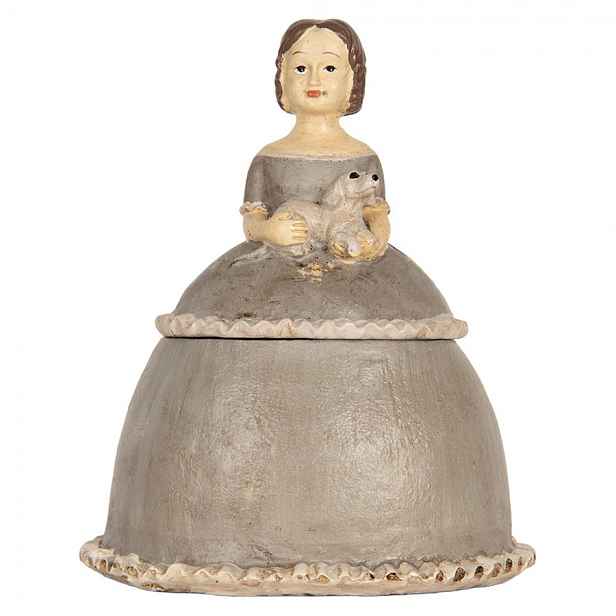 Béžová antik šperkovnice dívka v šedých šatech držící psíka - 19*16*22 cm Clayre & Eef