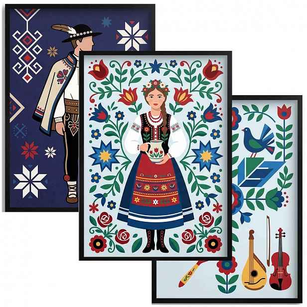 Moderní horalský triptych – Folklor Tater Plakát do obývacího pokoje, sada 3 kusů