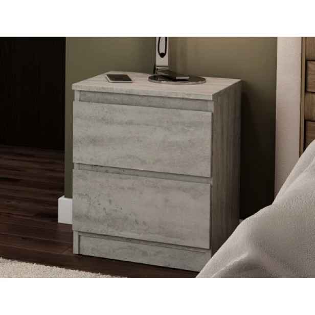 Skříňka/noční stolek Carlos 40 cm, šedý beton, 2 zásuvky