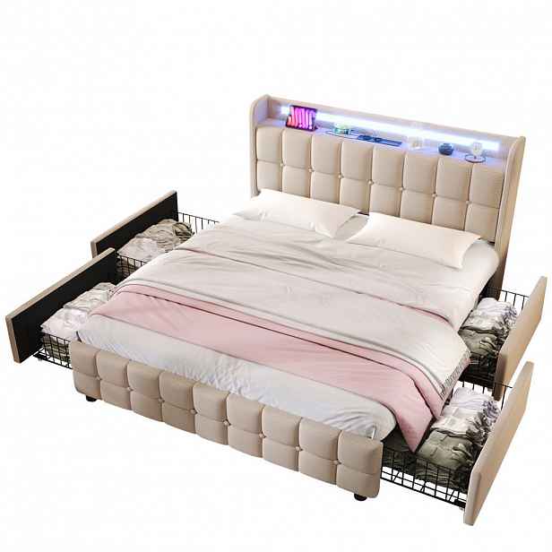 ČALOUNĚNÁ postel 160x200 cm béžová se 4 zásuvkami, lamelovým roštem, LED osvětlením a USB portem