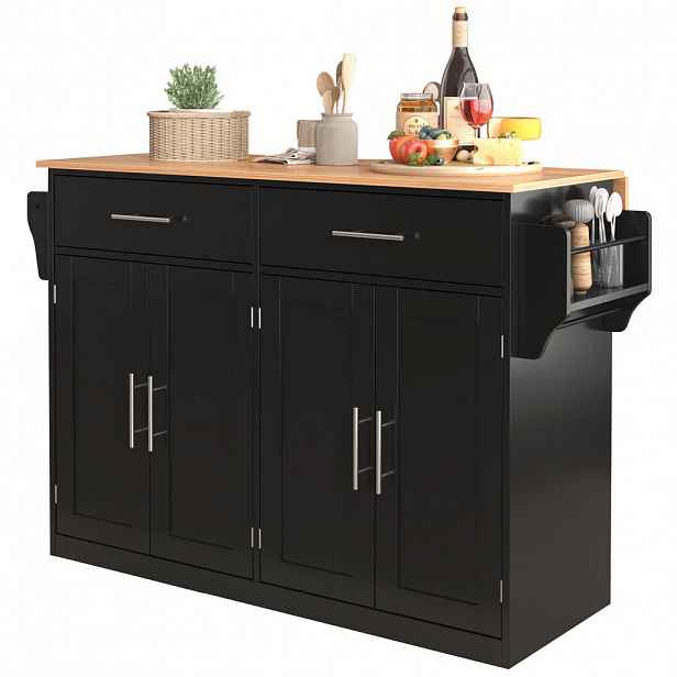 Redom KUCHYŇSKÝ ostrůvek 120/46(70)/91,5 cm s klopnou deskou, kolečky, zásuvkami a úložným prostorem, Černá/přírodní
