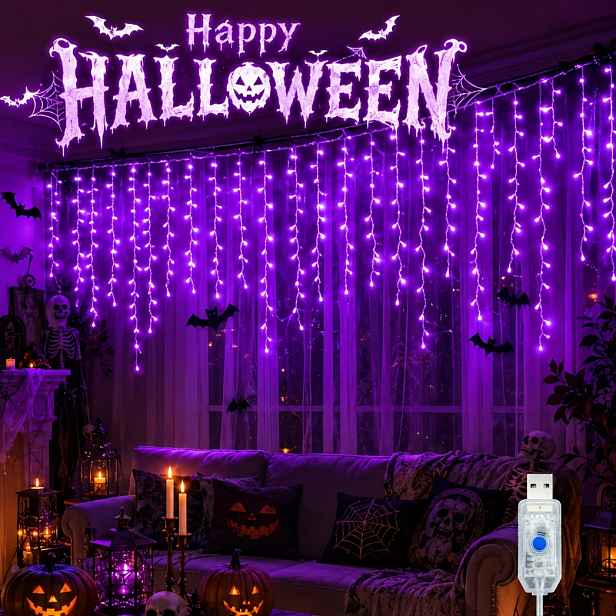 TEMU Halloweenské dekorace do interiéru 198/108/49LED Fialové USB ledové řetězy, 8 režimů, Vánoční dekorace třpytivé pohádkové světlo, Světla na