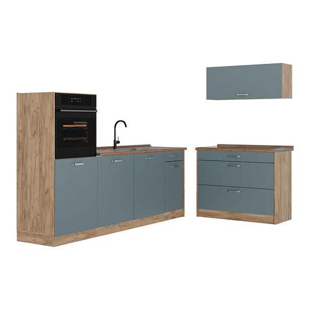 Vicco KUCHYŇSKÝ KOUT R-Line, Modrošedá/Zlatý mocný dub, 220 cm pracovná doska Dub Goldkraft