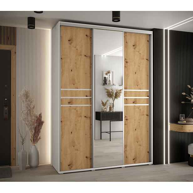Šatní skříň ASIRI 11 - 180/60 cm, bílá / dub artisan / stříbrná