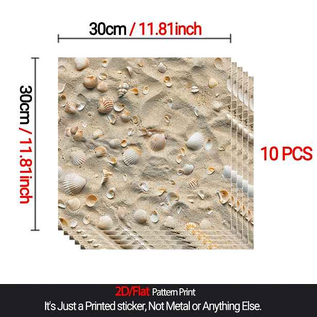 TEMU Sada 10 ks, 2D ploché PVC samolepicí podlahové nálepky s plážových mušlí o rozměrech 11,81 x 11,81 palců, odolné proti opotřebení, vinylové