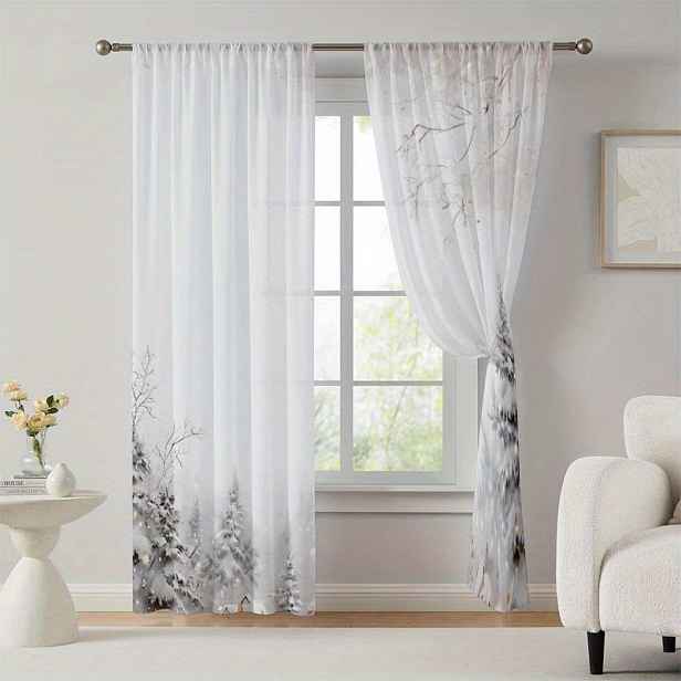TEMU Sada 2 okenních sítí - Design Winter , okenní sítě s snovým sněhovým krajinným pozadím, průsvitné závěsy, ideální pro dekoraci oken v ložnicích,