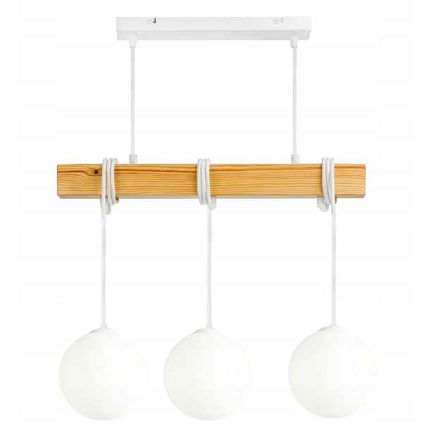 Dřevěná závěsná stropní lampa Lustr Zwis Bílá Kula Sklo 3xE27