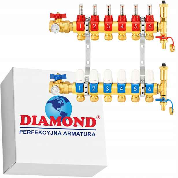 Rozdělovač Pro Podlahové Vytápění Podlah 6 Mosazných Okruhů Diamond