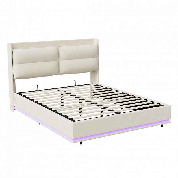 ČALOUNĚNÁ postel 140x200 cm, béžová, LED osvětlení a USB a Type-C
