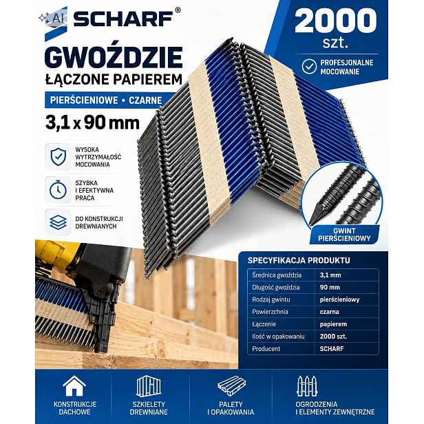 Hřebíky Scharf 3,1x90 Černé Hladké, 34 stupňů--- 2000ks