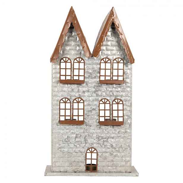 Šedý antik kovový svícen domek na 5 čajových svíček Gian - 30*13*54 cm Clayre & Eef