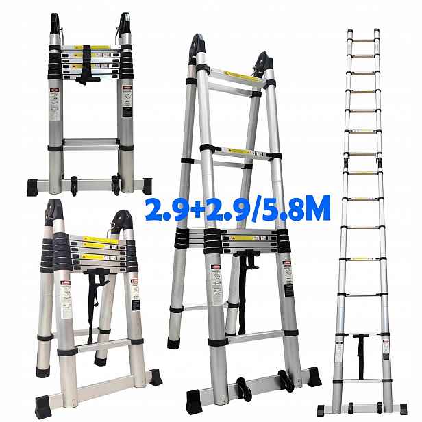 Hliníkový teleskopický žebřík skládací kloubový 2x7 s kolečky, nastavitelný, 5,8 m