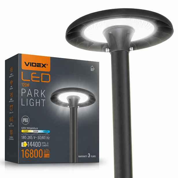 Led pouliční parková zahradní lampa výkonná 120 W 16800 lm IP65 kulatá 3 barvy