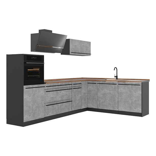 Vicco ROHOVÁ KUCHYŇ R-Line, Beton/Antracit, 287 x cm pracovná doska Dub Goldkraft