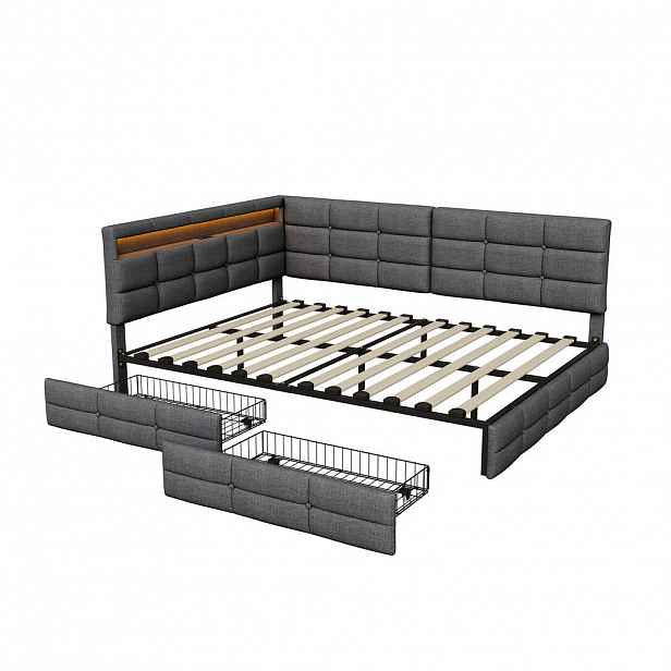 EuroLiving ČALOUNĚNÁ postel 140x190 cm, denní lůžko se 2 zásuvkami, LED a USB, manželská postel s čelem ve tvaru L, šedá