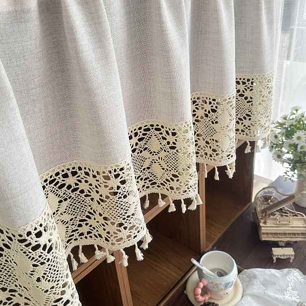 TEMU 1 ks, Béžová kávová závěs ve stylu Bohémského s geometrickým prolamovaným háčkovaným třásněmi a krajkou, Vintage polozávěs, Vhodný pro obývací