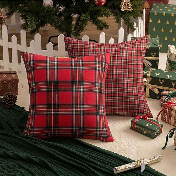 TEMU 2 ks Vánoční Dekorační Polštářové Povlaky Skotský Tartan, Červené – Ideální pro Venkovskou Svátkovou Výzdobu