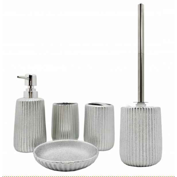 Koupelnový Set x5 Stříbrný Dávkovač Hrnečky Mýdlenka Kartáč 6365 6357