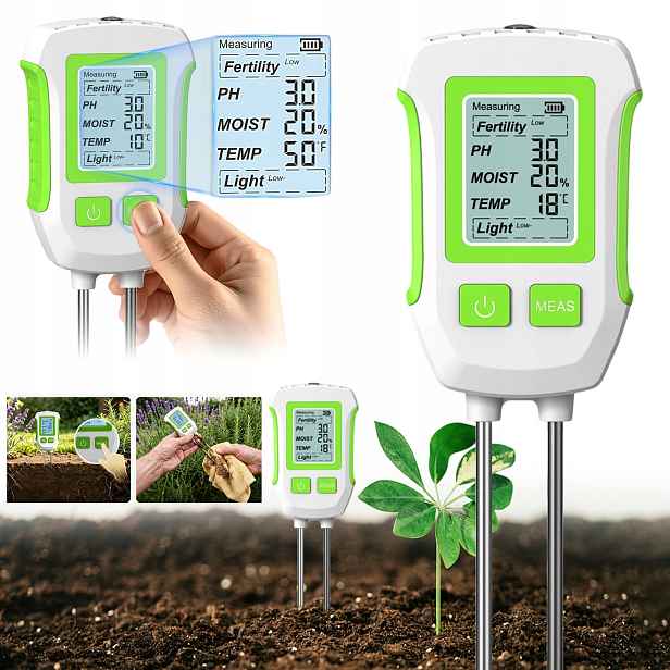 Kyseloměr Půdy Tester 5V1 S LCD Displejem, Úrodnost, Přesná Vlhkost