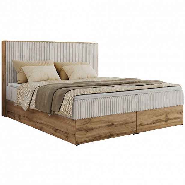 MKS KONTINENTÁLNÍ POSTEL WOOD CLASSIC 160/200 - Béžová Manšestr - H3