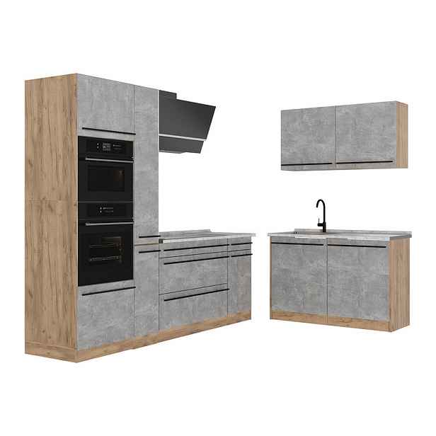 Vicco ROHOVÁ KUCHYŇ R-Line, Beton/Zlatý mocný dub, 230 x 120 cm pracovná doska Mramor