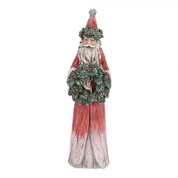 Červeno-zelená vánoční dekorace Santa s věnečkem - 7*6*24 cm Clayre & Eef