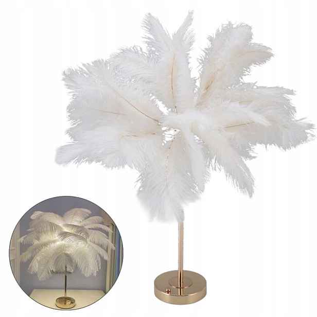 Elegantní Stolní Noční Lampa Se Stínidlem Z Bílého Peří A Stmívačem Na Komodě