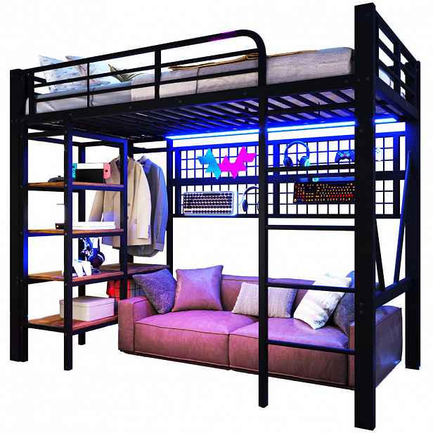 OKWISH VYSOKÁ postel 90/200 cm černá z kovu s LED lištou ovládanou aplikací a s tyčí na oblečení