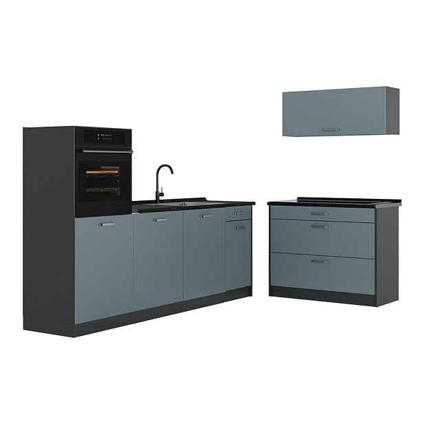 Vicco KUCHYŇSKÝ KOUT R-Line, Modrošedá/Antracit, 220 cm pracovná doska antracitová