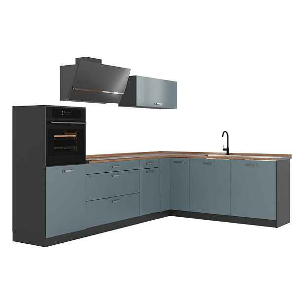 Vicco ROHOVÁ KUCHYŇ R-Line, Modrošedá/Antracit, 287 x cm pracovná doska Dub Goldkraft