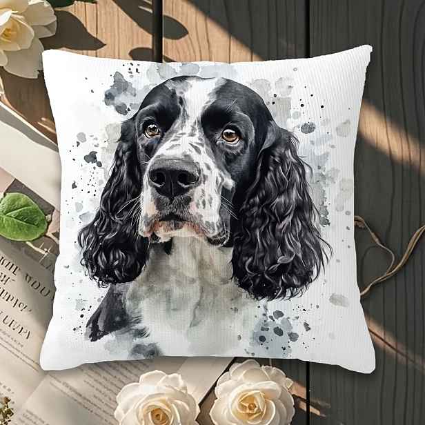 TEMU 1ks Moderní Styl Černobílý Spaniel Akvarel Tisk Polštářový Povlak, Měkká a Hladká Polyesterová Krátká Plyšová Tkanina, Jednostranný Tiskový ,