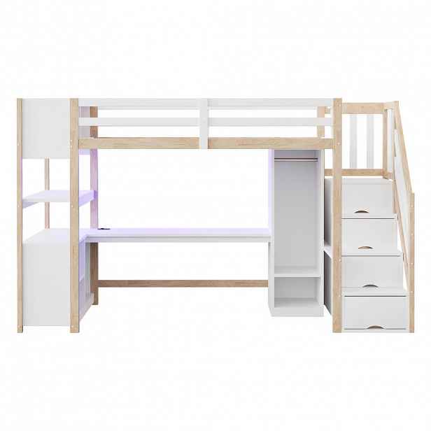 FLIEKS VYVÝŠENÁ POSTEL 90x200cm Dřevo Stůl Skříň LED