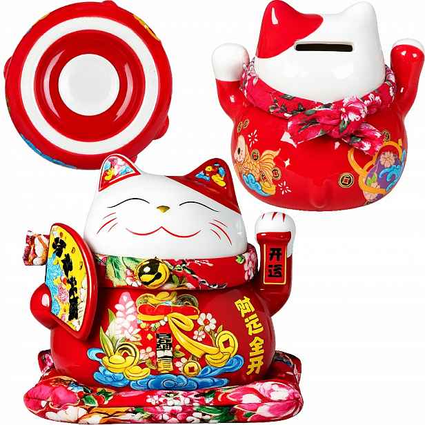 Porcelánová pokladnička Velká figurka Japonská kočka Maneki Neko Vějíř 14 cm