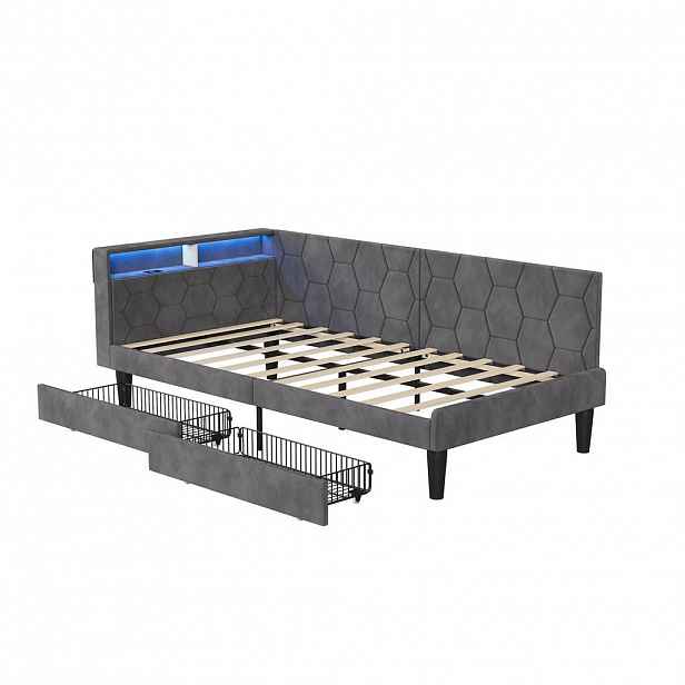 EuroLiving ČALOUNĚNÁ postel 90x200 cm, denní lůžko se 2 zásuvkami, LED a USB, jednolůžko s úložným prostorem v čele, šedá