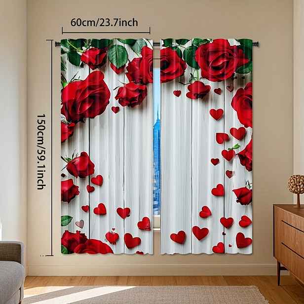 TEMU 2 kusy elegantních červených růží a srdcí - poloprůhledný polyester, květinový design na Valentýna pro obývací pokoj, ložnici, kuchyňskou