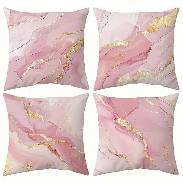 TEMU 4 Růžové Mramorové Texturované Polštářové Povlaky, 18x18 Palců - Elegantní High-End Styl se Zlatým Lemem, Zip, Pratelný Polyester, pro Pohovku a