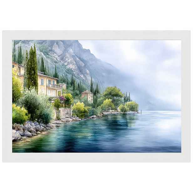 Plakát Rámeček Dřevo Itálie Jezero Como Akvarel Hory Cypřiš 60x40