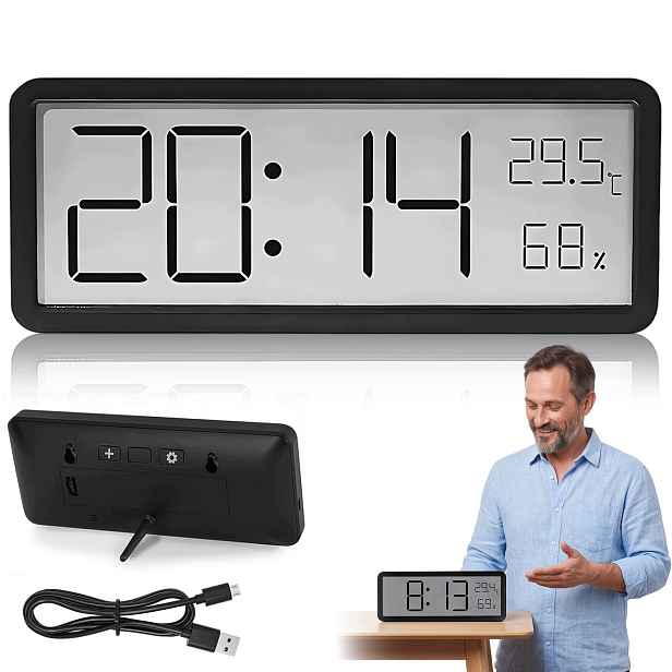 8In Nástěnné hodiny s LCD displejem do obývacího pokoje a kanceláře napájené baterií